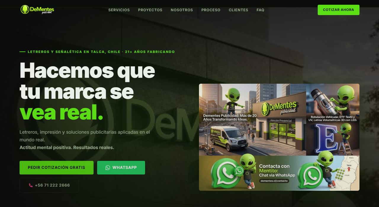 Captura del sitio dementes.cl, empresa de letreros y señalética de Talca, construido y publicado en 48 horas